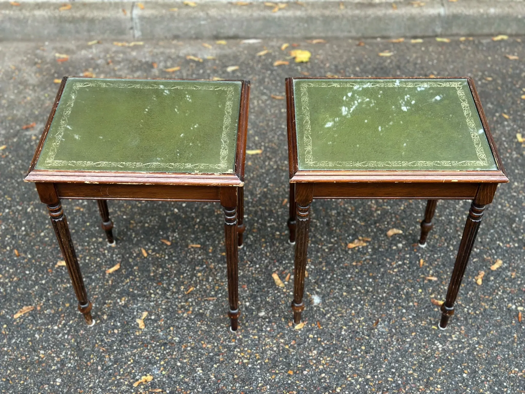 2 side tables, English Regency style, green leather & glass, 1960s.