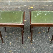 2 side tables, English Regency style, green leather & glass, 1960s.