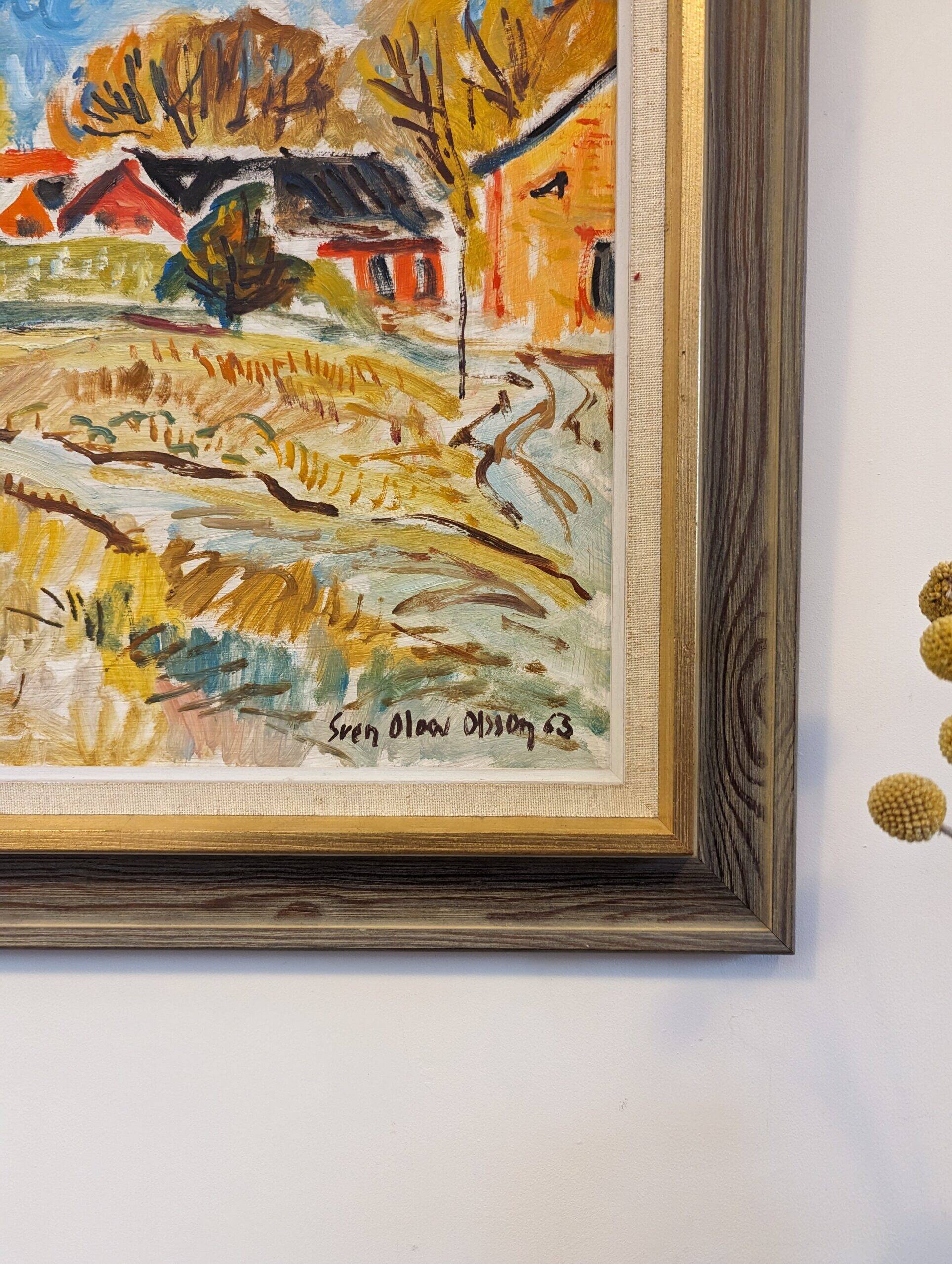 Mid-Century Modern Swedish "Fauvist Field" Vintage Landscape Oil Painting, Framed