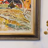 Mid-Century Modern Swedish "Fauvist Field" Vintage Landscape Oil Painting, Framed