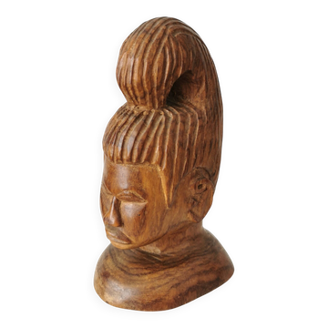 Buste de femme en ébène africain sculpté à la main : sculpture tribale vintage