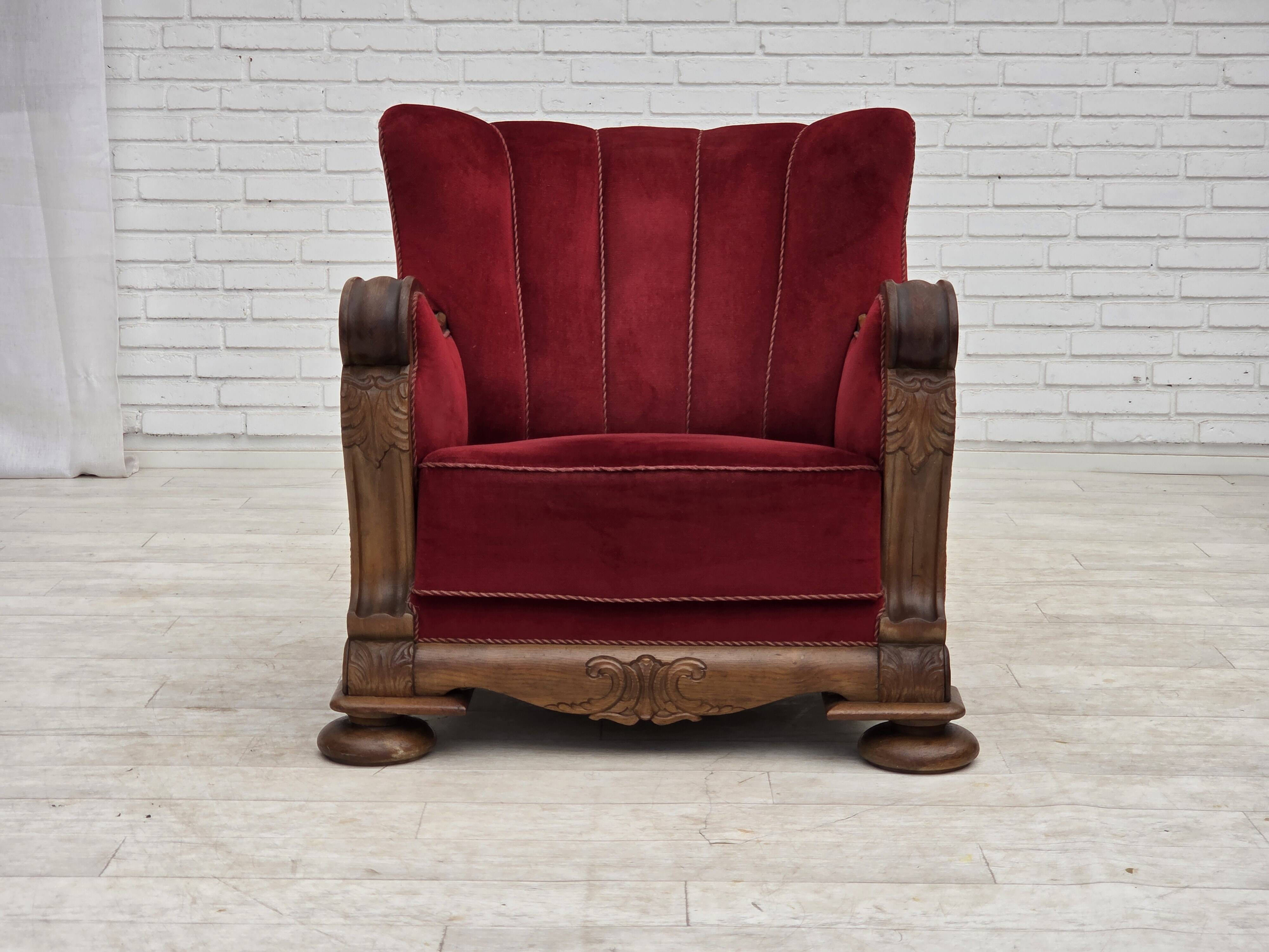 1950s, Danish relax armchair, furniture velour, carved oak wood.