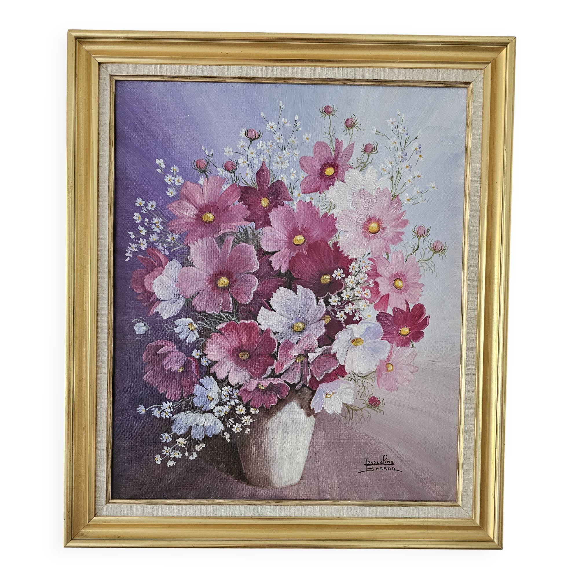 Oil on Canvas Still Life Flowers Cosmos Signed Jacqueline Besson
