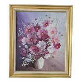 Tableau Huile sur Toile Nature morte fleurs Cosmos Signé Jacqueline Besson