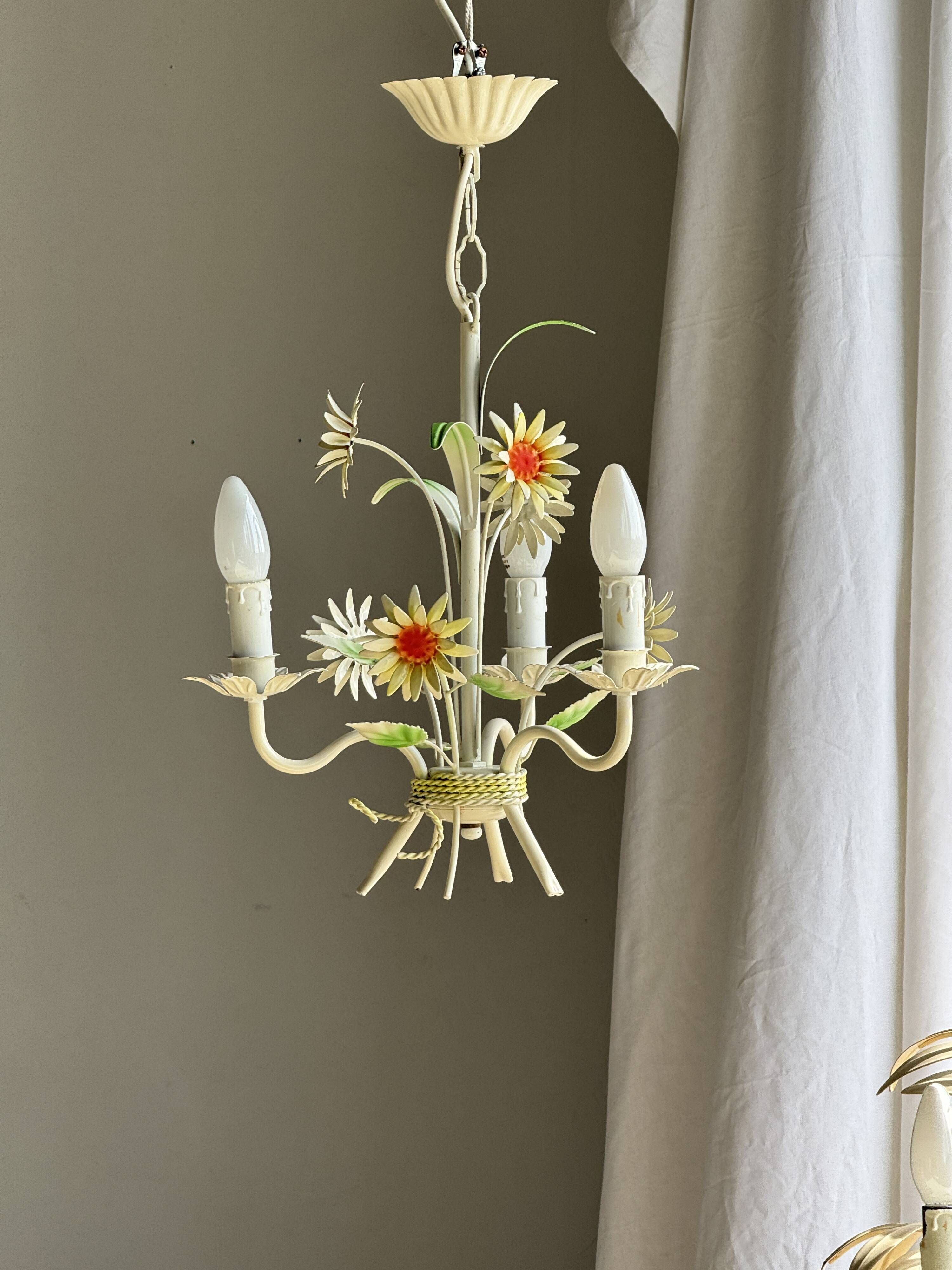 Small vintage cream metal flower chandelier with orange flowers and 3 arms.