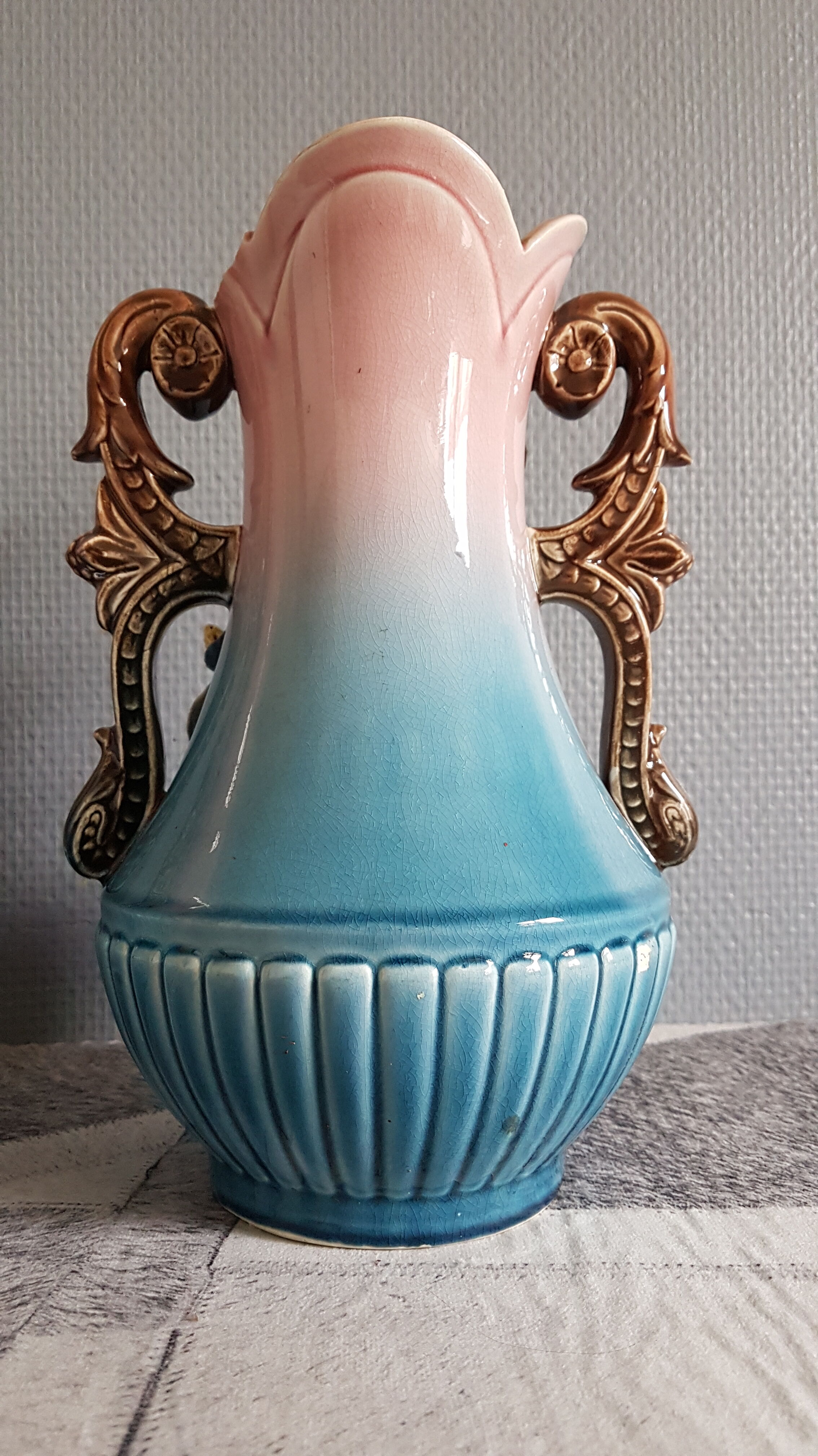 blue and pink art deco polychrome dabbling vases with floral decoration