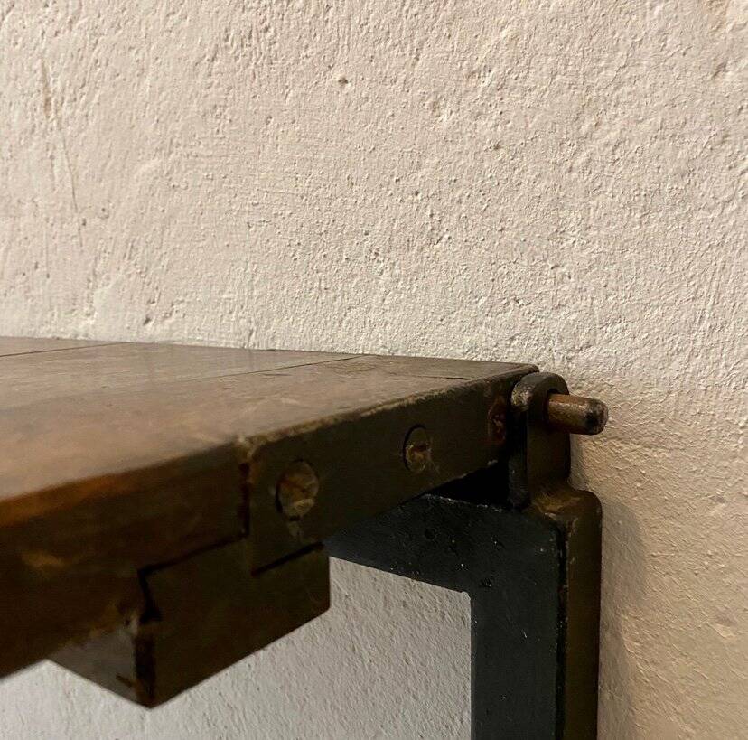 Art Deco German Wabi Sabi Brown Oak Prison Cell Table and Bench, 1930s, Set of 3