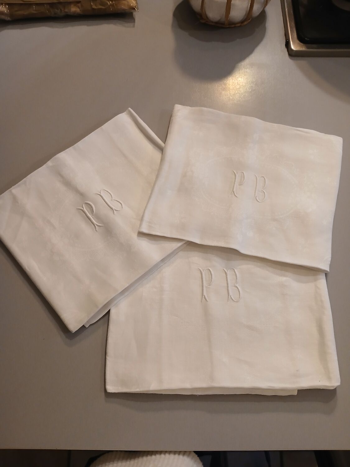 3 small antique tablecloths with embroidered initials PB