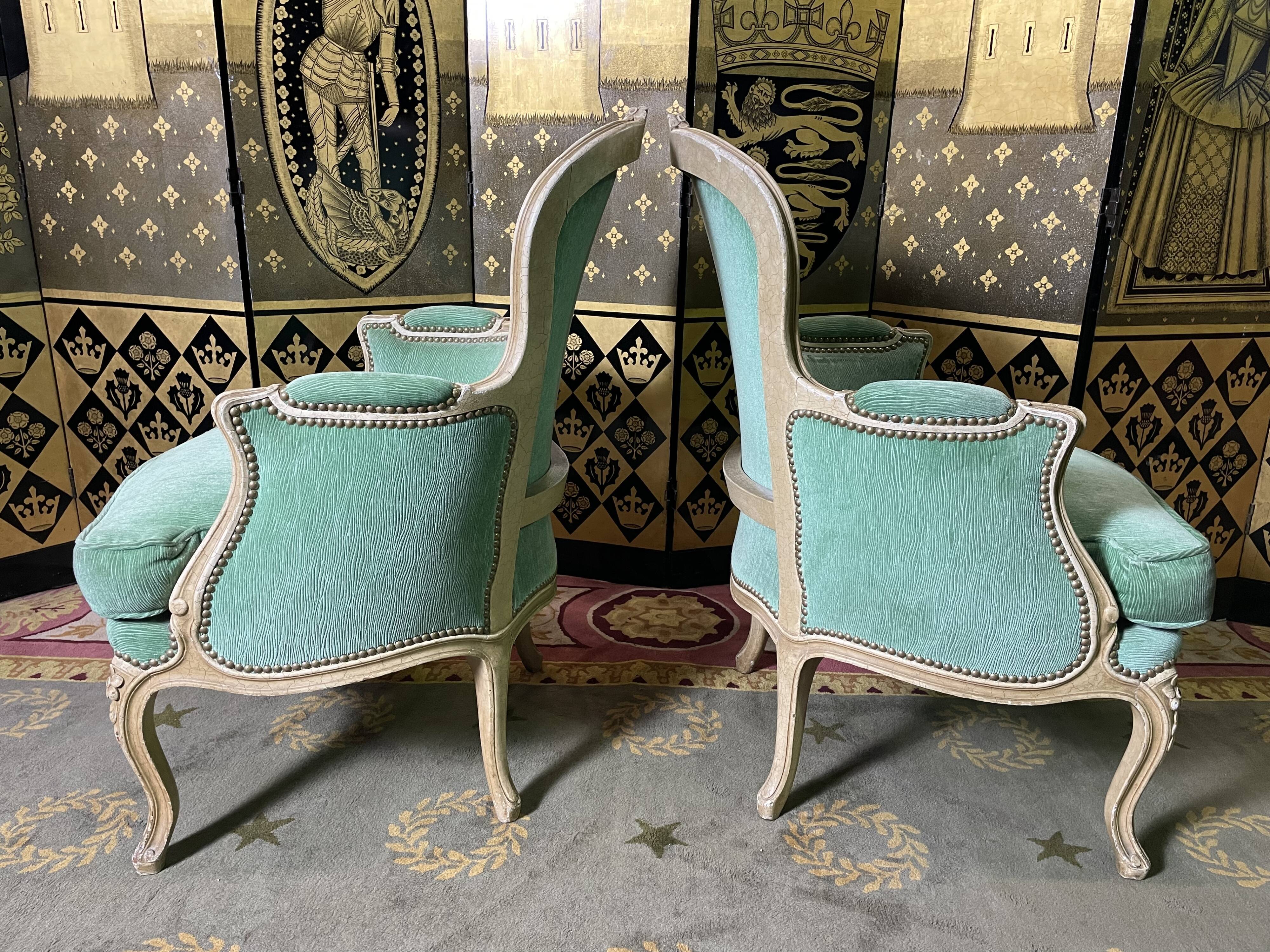 Pair of green Louis XV style bergères armchairs