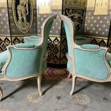 Pair of green Louis XV style bergères armchairs