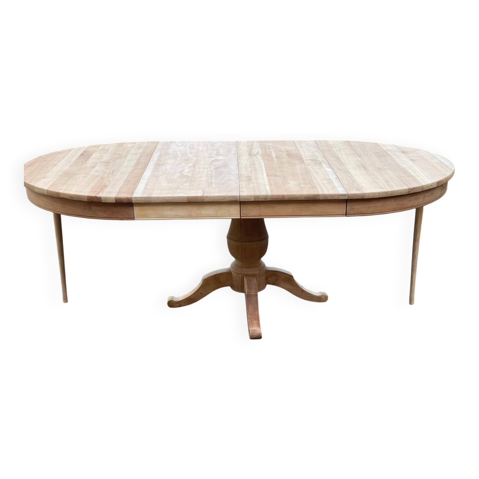 Extendable round dining table with central leg, renovated in raw oak, 210cm