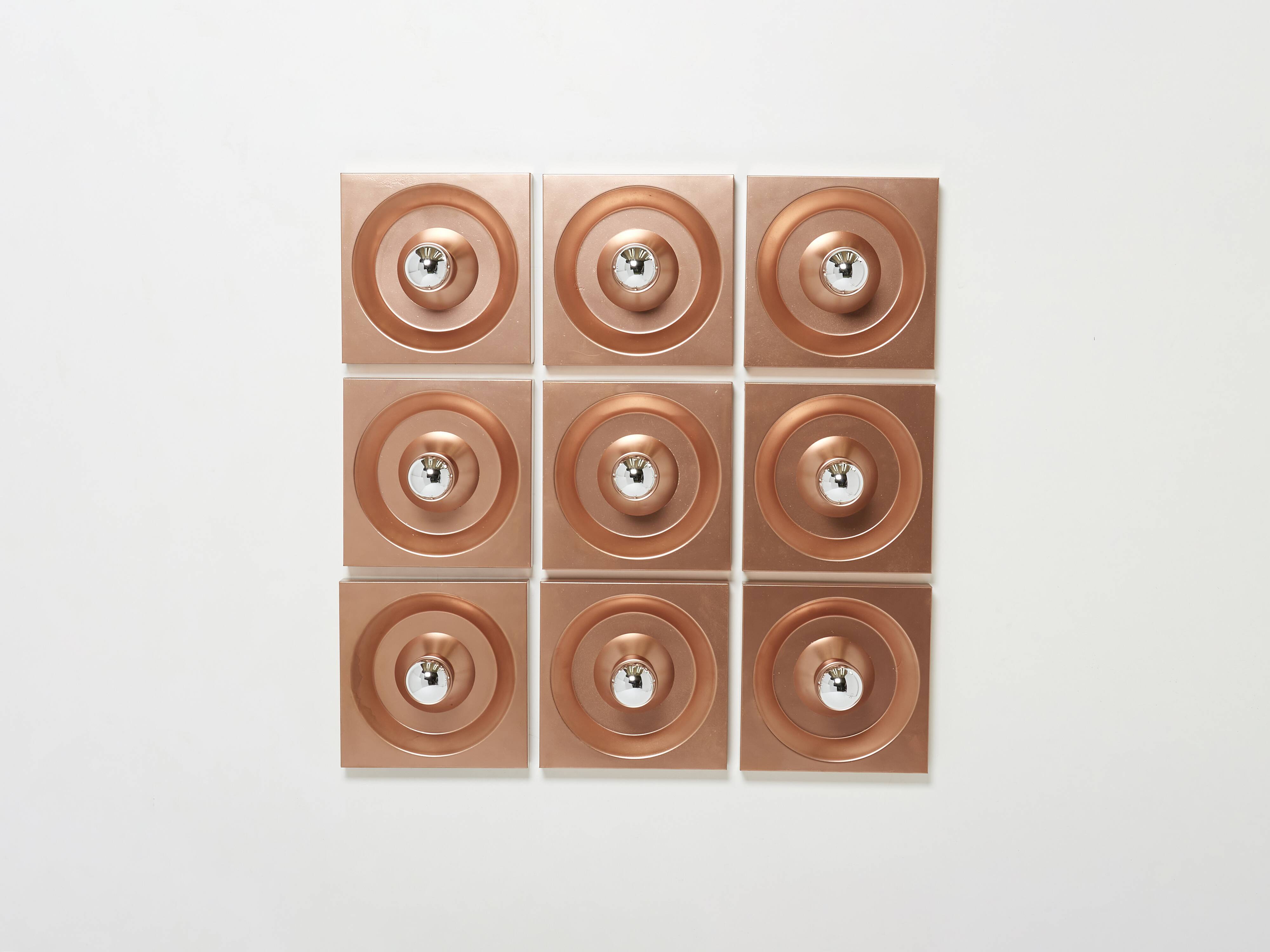 Set of nine wall lamps copper Klaus Hempel for Kaiser Leuchten 1970