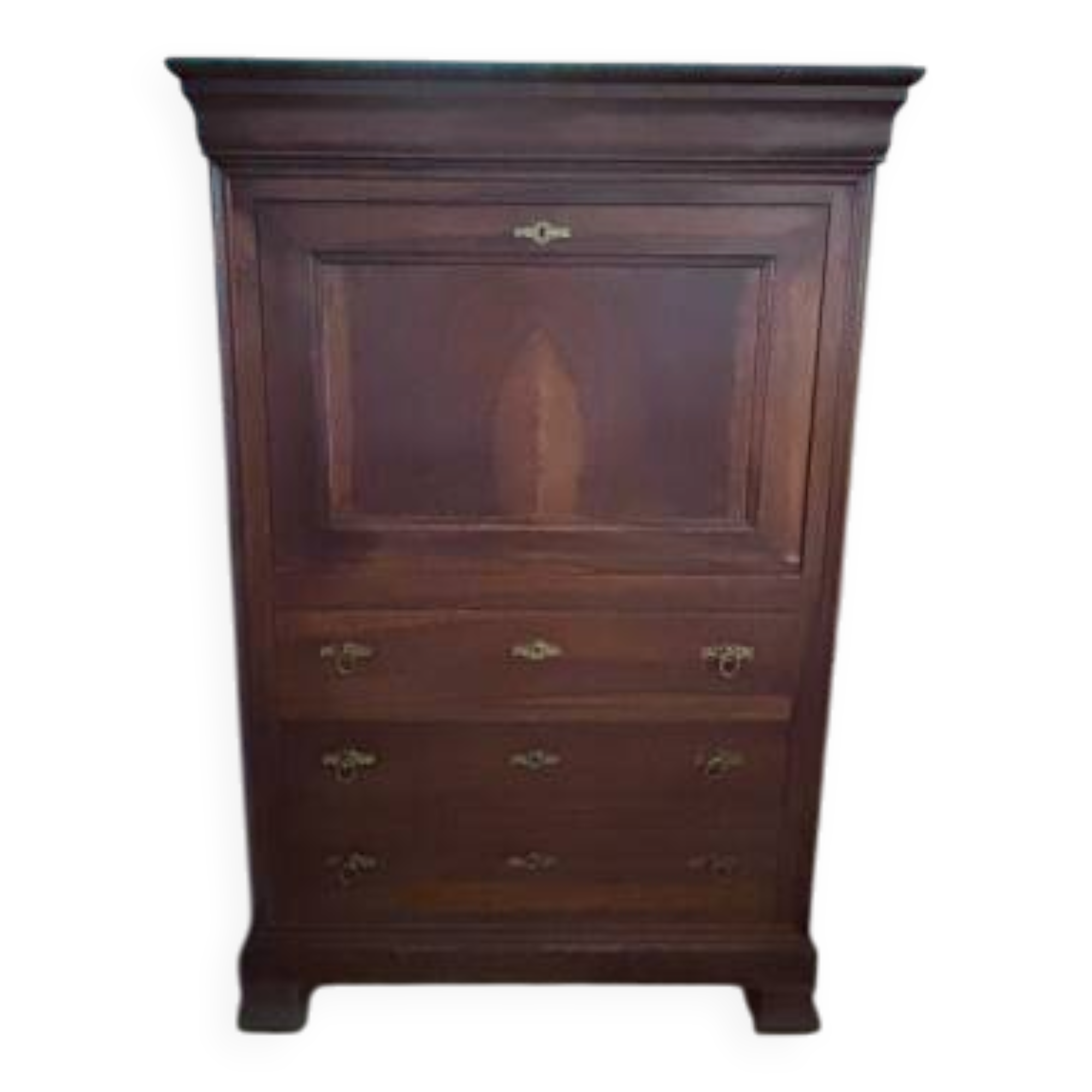 Secretary with a drop-down front in mahogany and flame veneer.