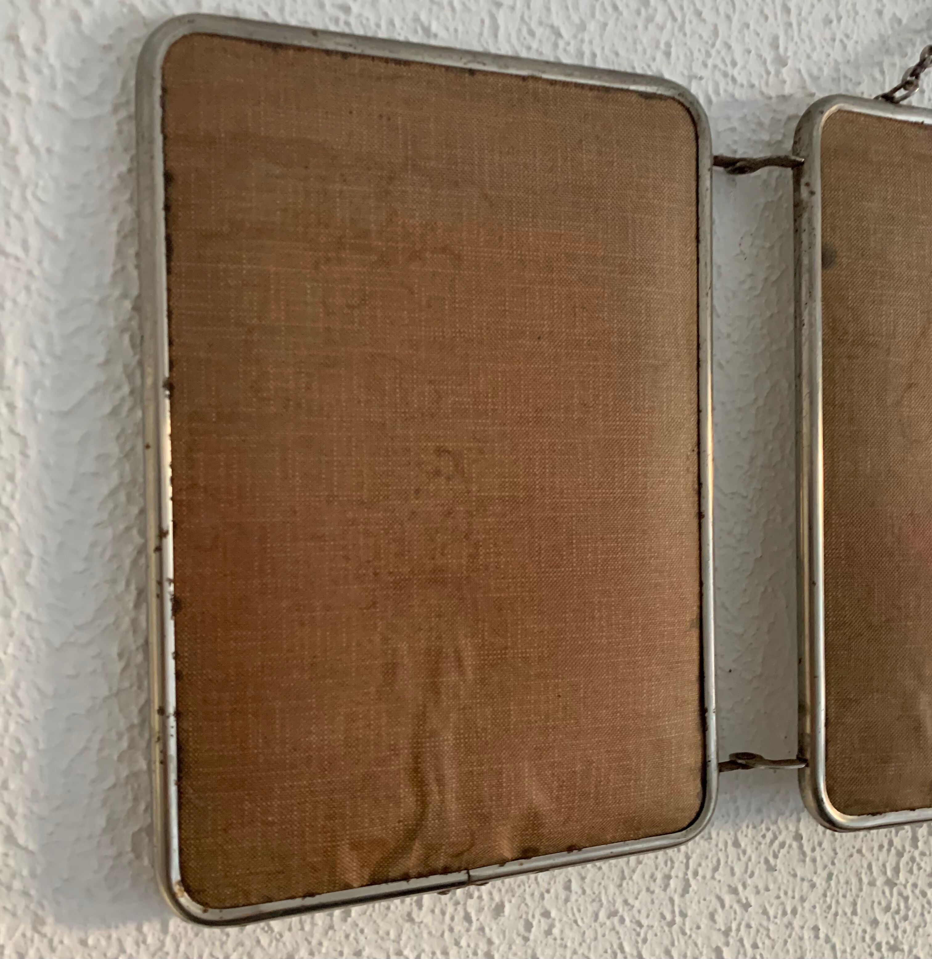 Vintage mirror 1960 triptych barber pink fabric - 21 x 49