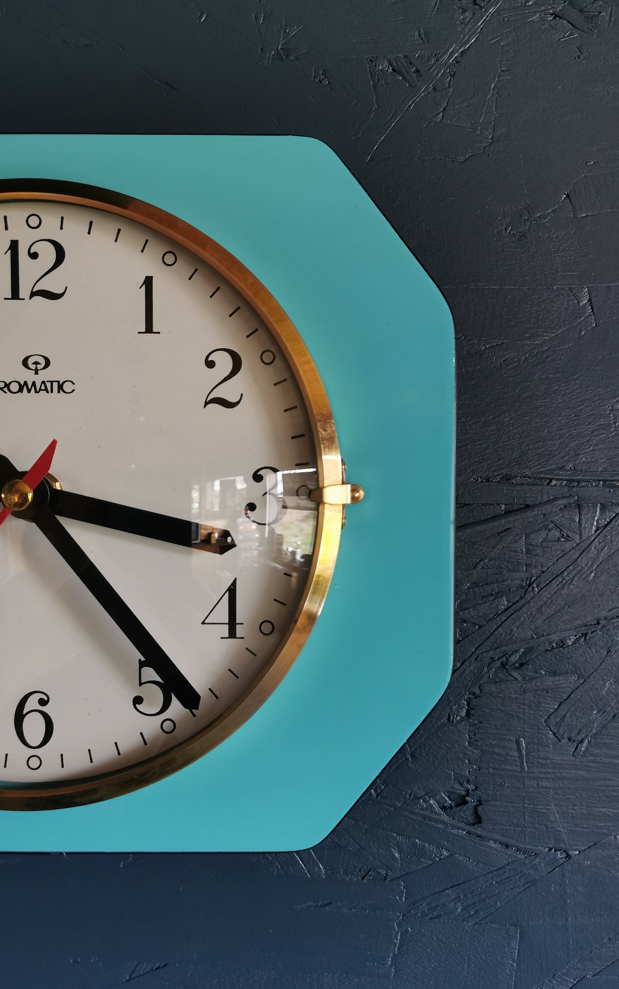 Vintage formica clock rectangular silent wall pendulum "Romatic turquoise blue"