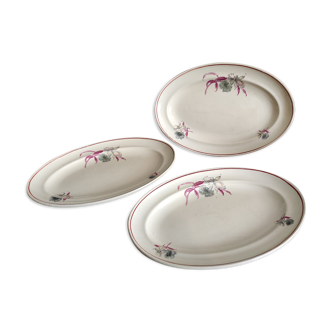 Vintage French little oval serving platters by Moulin des Loups, with floral decoration of orchids