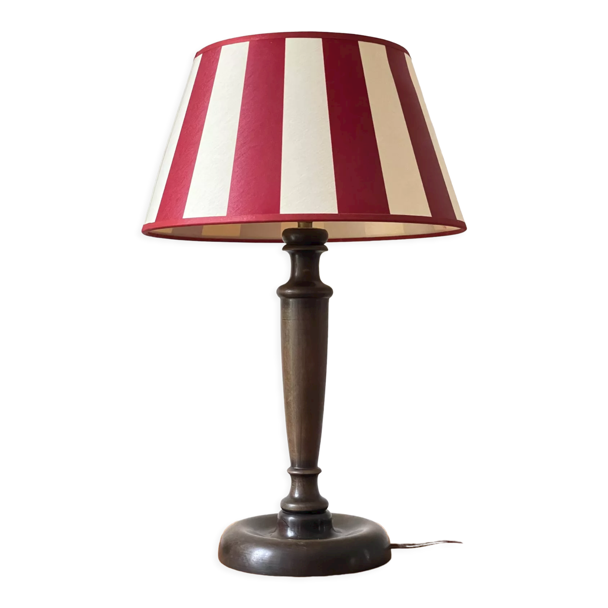 Wooden table lamp and striped lampshade