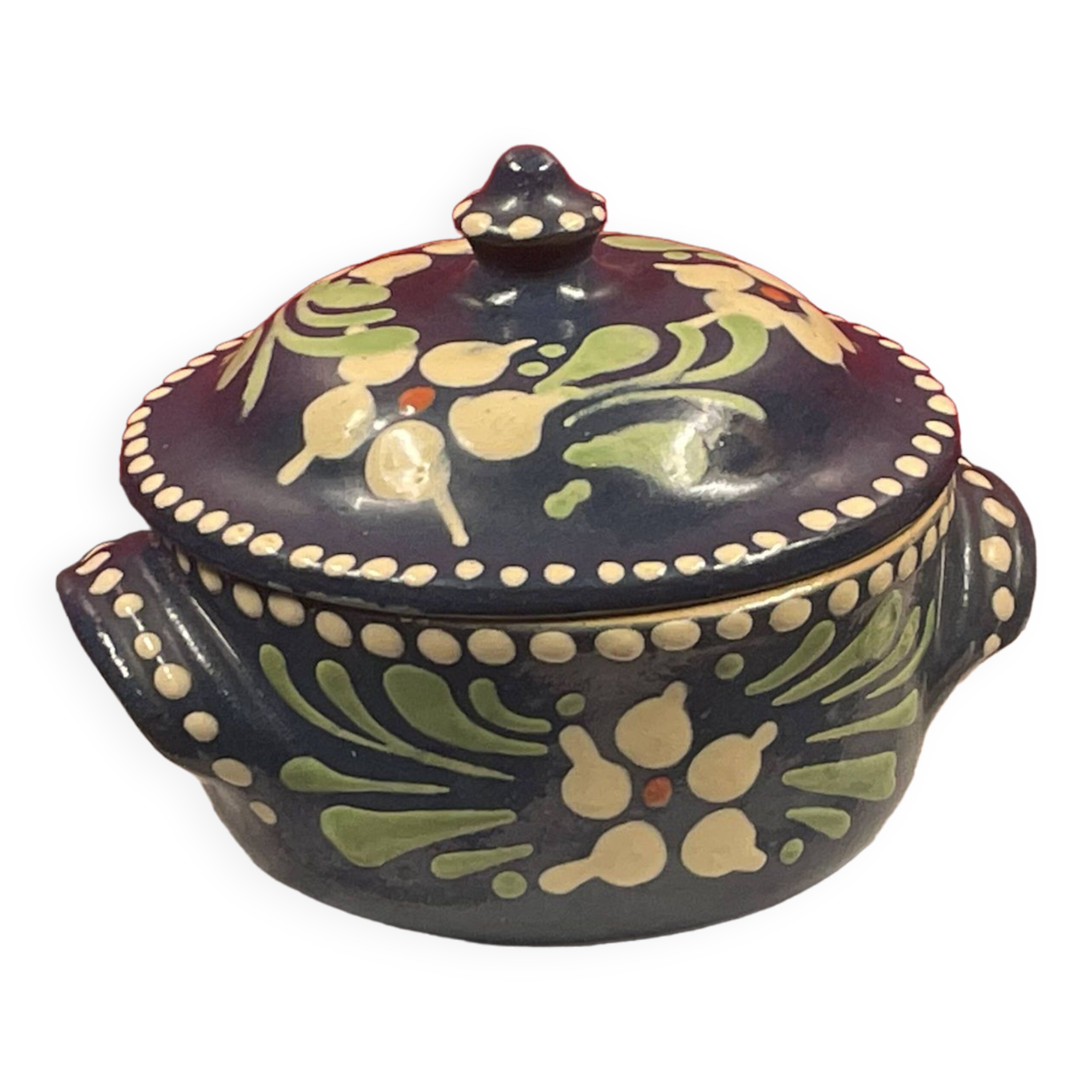 Small covered terracotta pot enamelled savoie or alsace flowers on a blue background