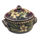 Small covered terracotta pot enamelled savoie or alsace flowers on a blue background