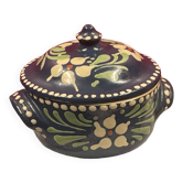 Petit pot couvert terre cuite emaillee savoie ou alsace fleurs sur fond bleu