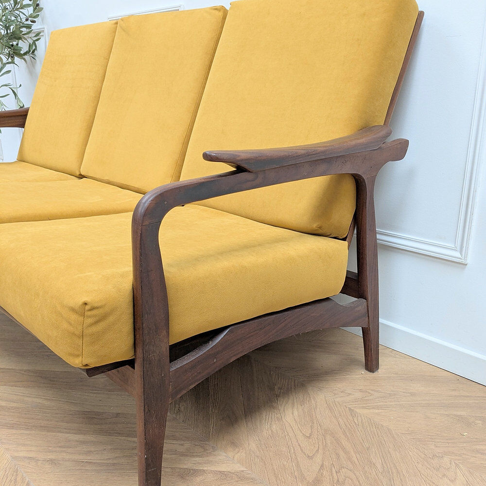 Second-hand Danish teak canapé, reupholstered in yellow, 1960s.