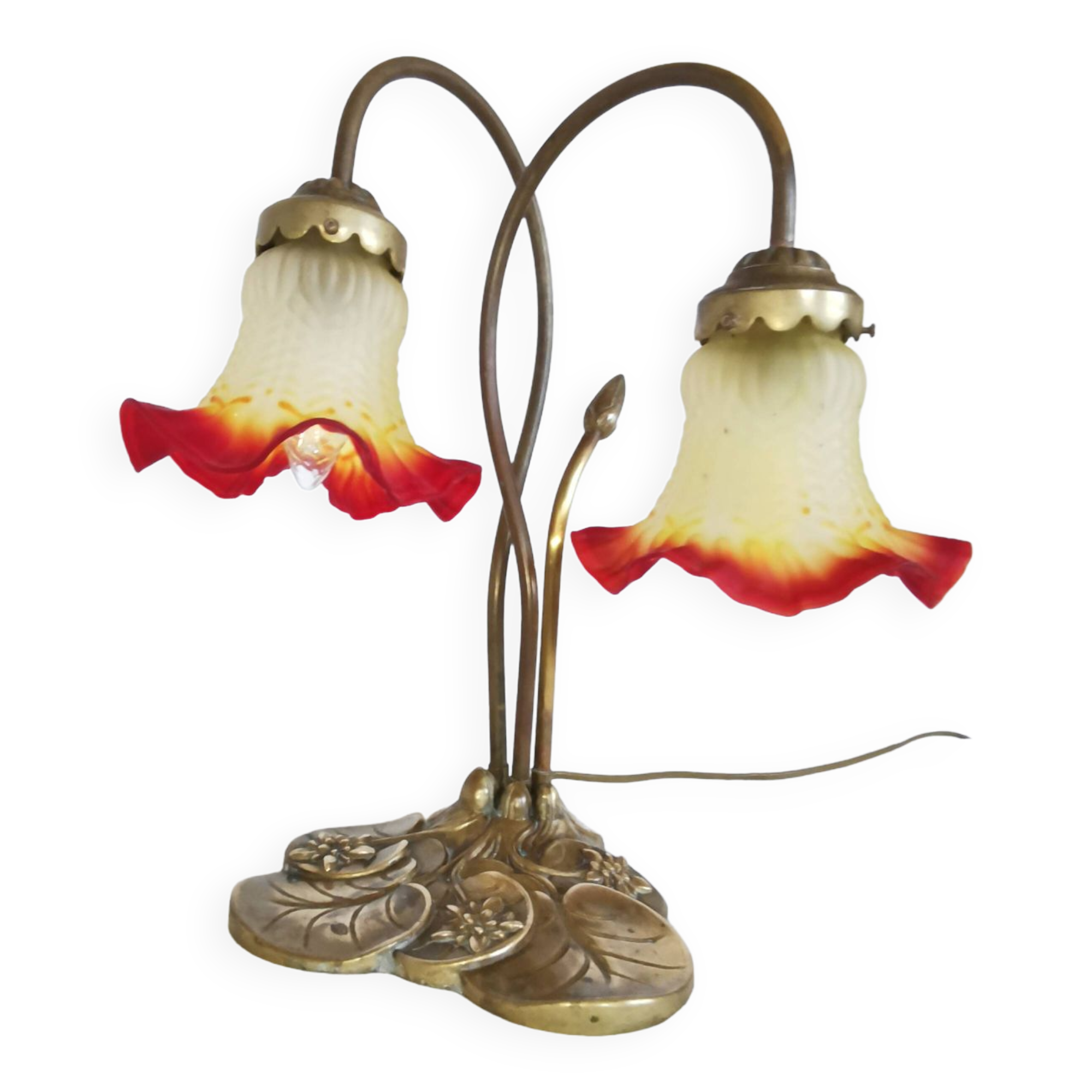 Brass water lily lamp and glass paste tulip, double, art nouveau style.