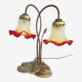 Brass water lily lamp and glass paste tulip, double, art nouveau style.