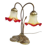 Brass water lily lamp and glass paste tulip, double, art nouveau style.