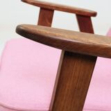 Pink Armchair Vintage Pastel wool fabric, Oak wood