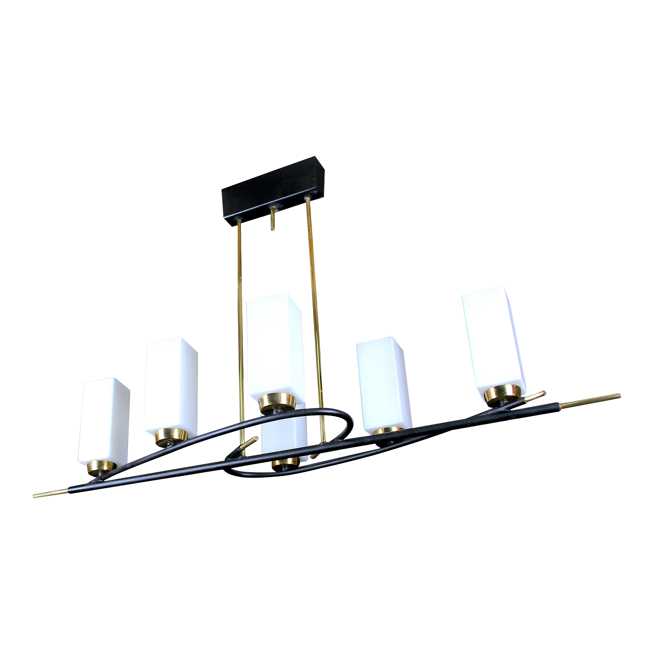 Chandelier of Maison Arlus, in black and gold metal and six rectangular opalines