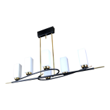 Chandelier of Maison Arlus, in black and gold metal and six rectangular opalines