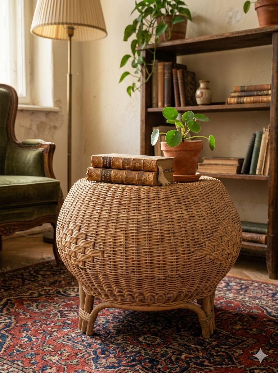 Vintage Italian design rattan wicker ball stool from the 1970s.