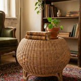 Vintage Italian design rattan wicker ball stool from the 1970s.