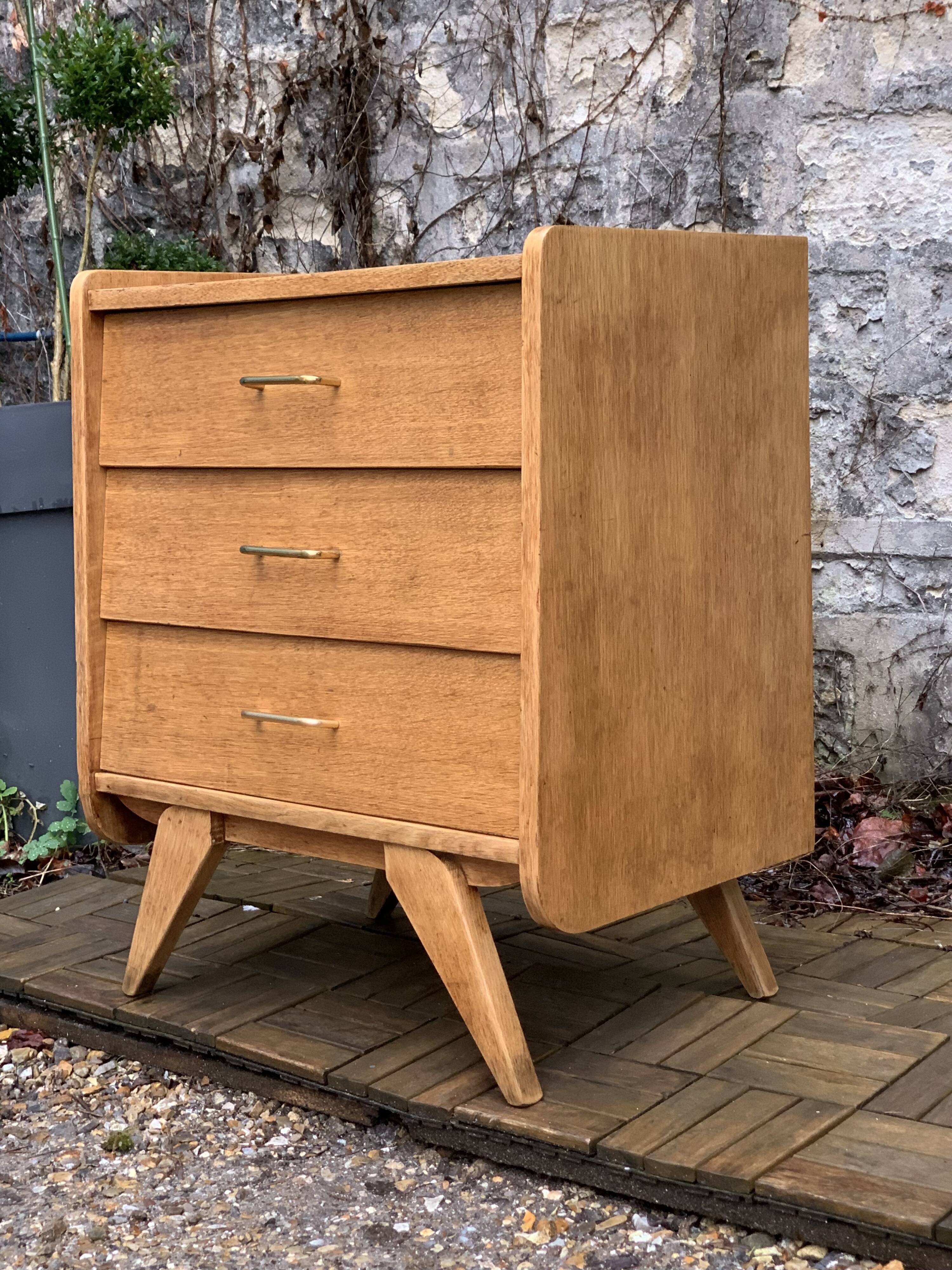 Vintage chest of drawers with compass feet, raw oak, 1960