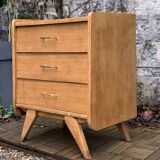 Vintage chest of drawers with compass feet, raw oak, 1960