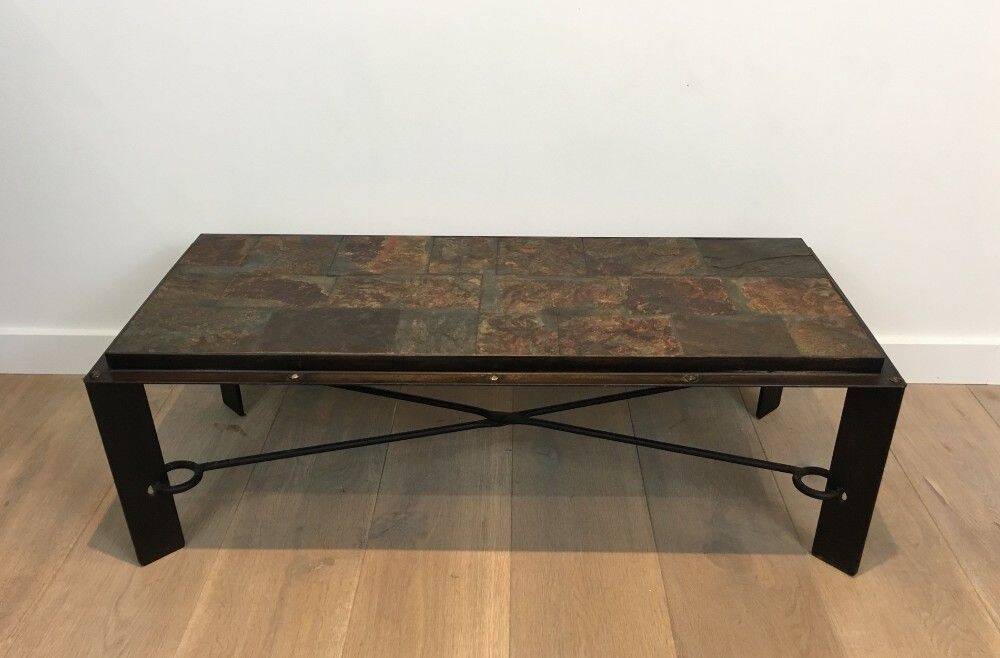 Rare coffee table in steel and wrought iron with a top made of lava stones
