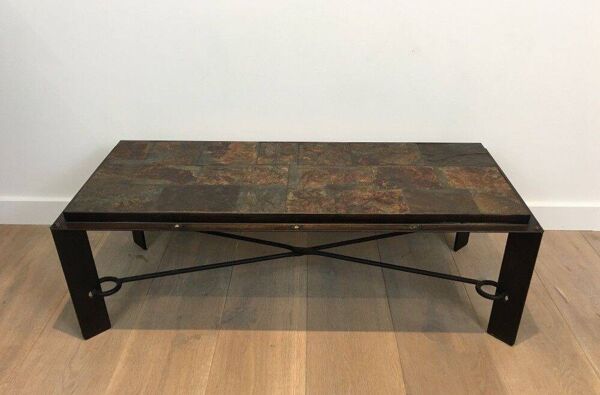 Table basse en acier, fer forgé et pierre de lave