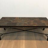Rare coffee table in steel and wrought iron with a top made of lava stones