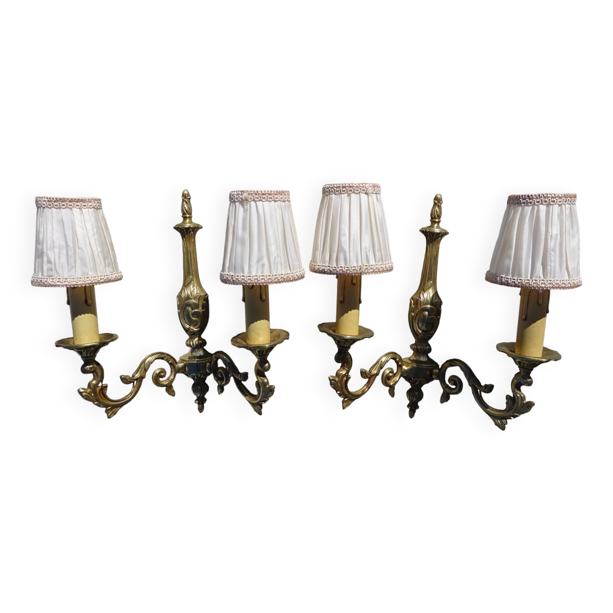 Bronze wall sconces, silk shades, pair