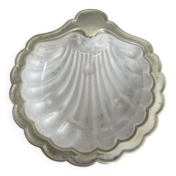 Vintage shell butter dish in silver-plated metal and glass