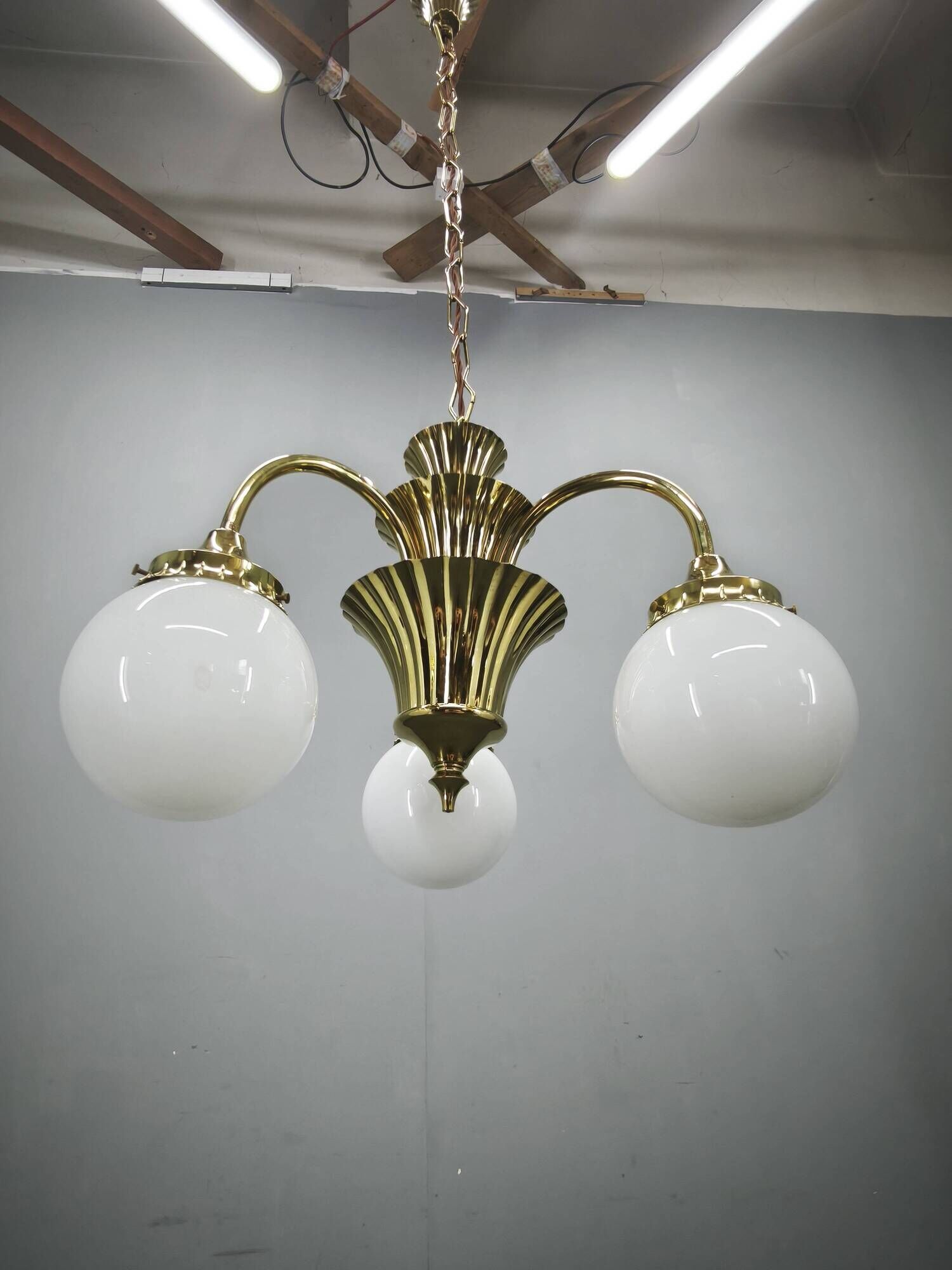 1930s Czechoslovak Art Deco Brass and Opaline Glass Chandelier