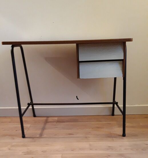 White formica and black metal feet desk