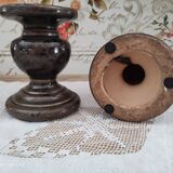 Set of 2 candle holders in brown enamelled terracotta decoration floral pattern tone on tone