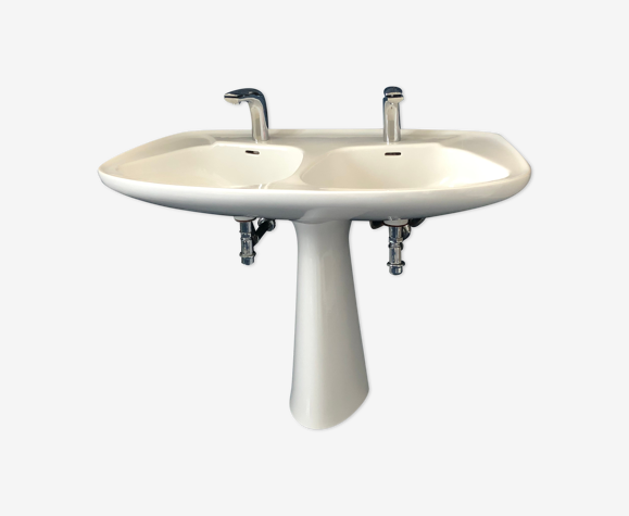 Double vasque rétro en céramique avec pied assorti