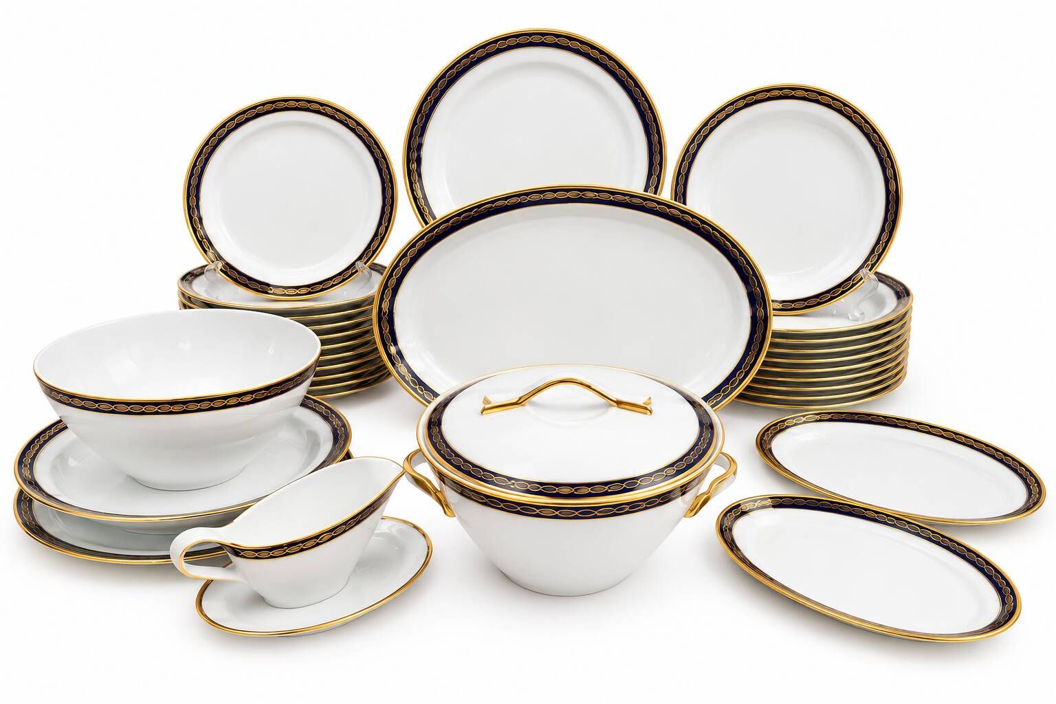 Saint-Amand Fribourg table service in midnight blue and gold, 45 pieces.
