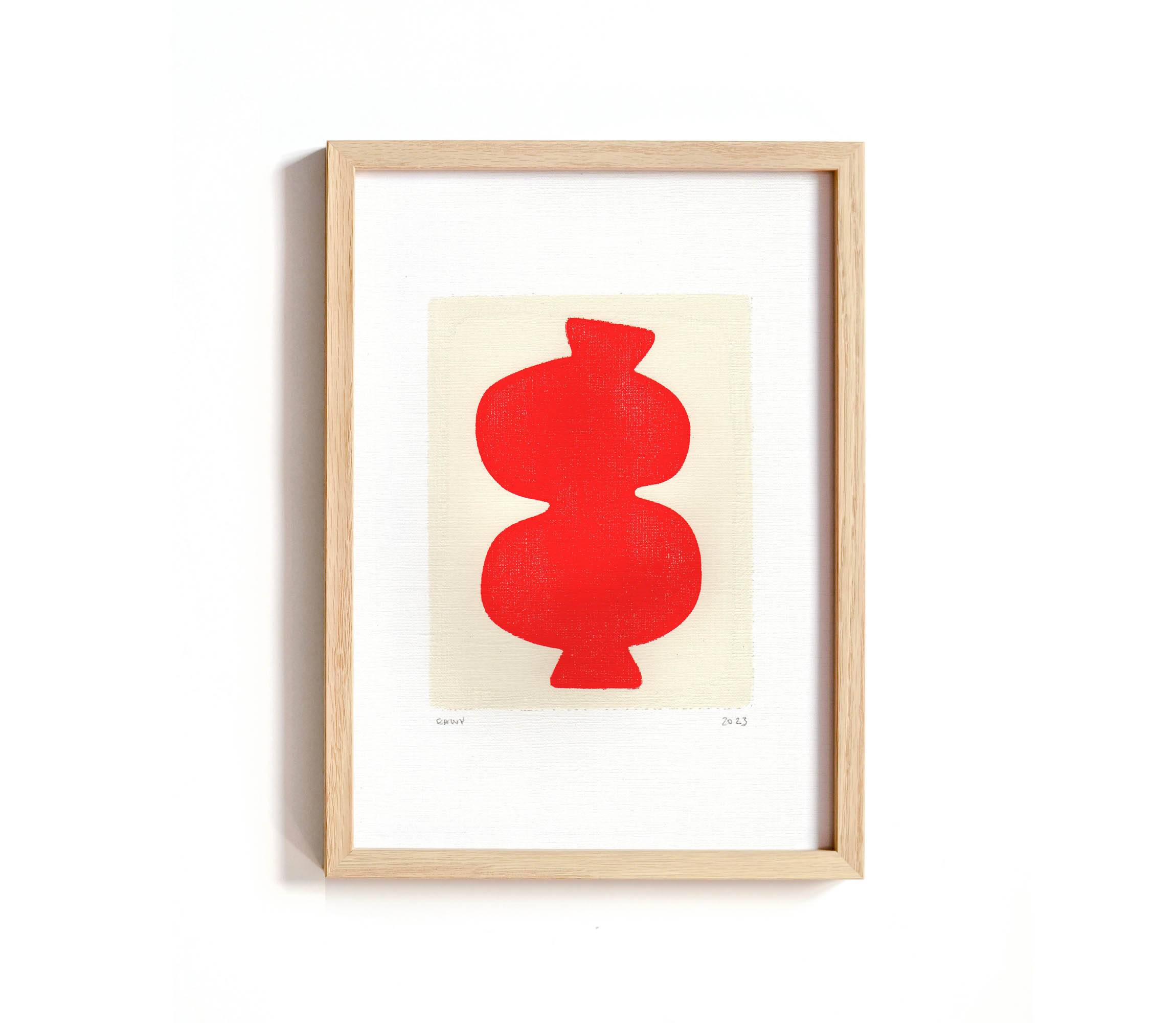 Red abstract painting signed Eawy