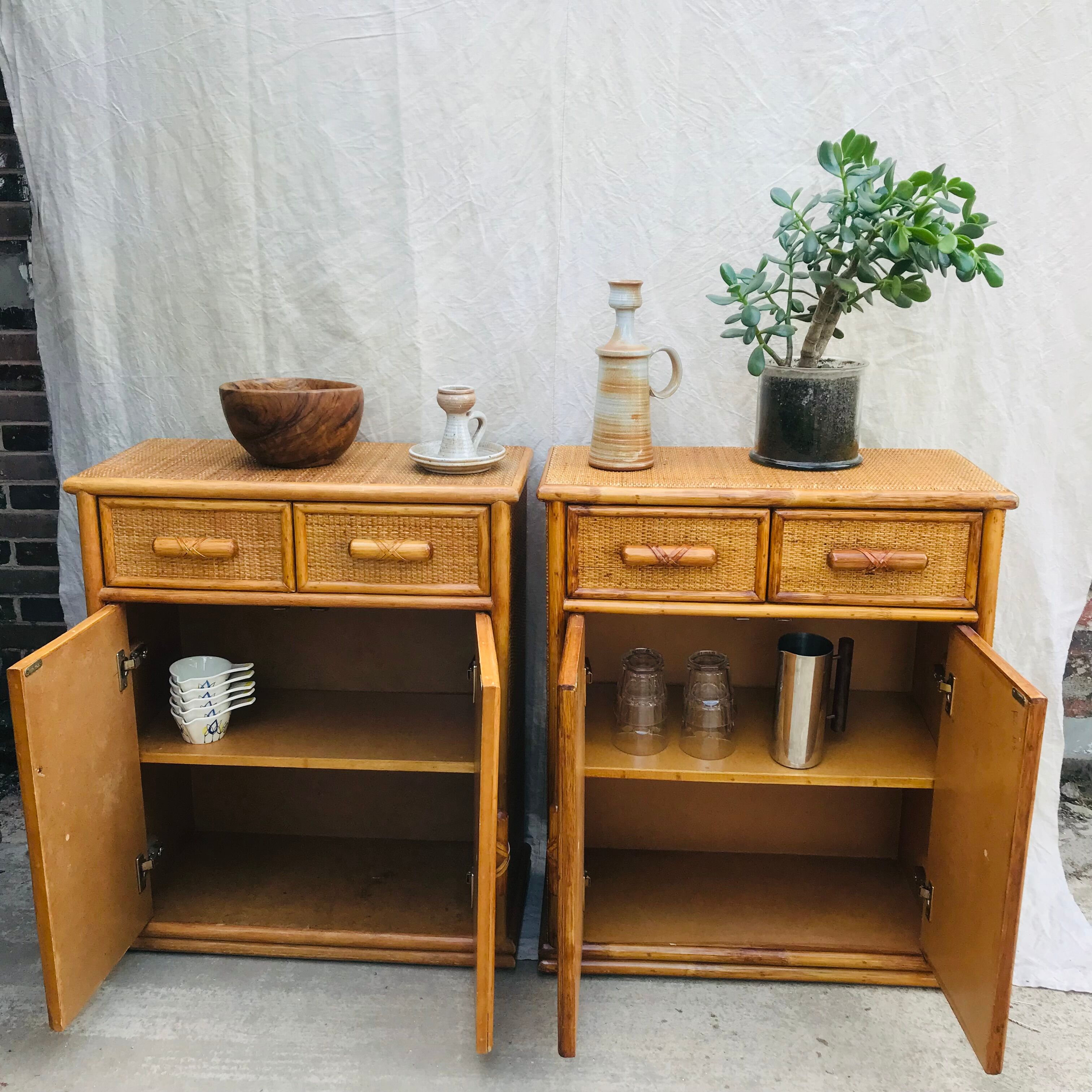 Pair of sideboards in rattan and wicker braided vintage 1970.