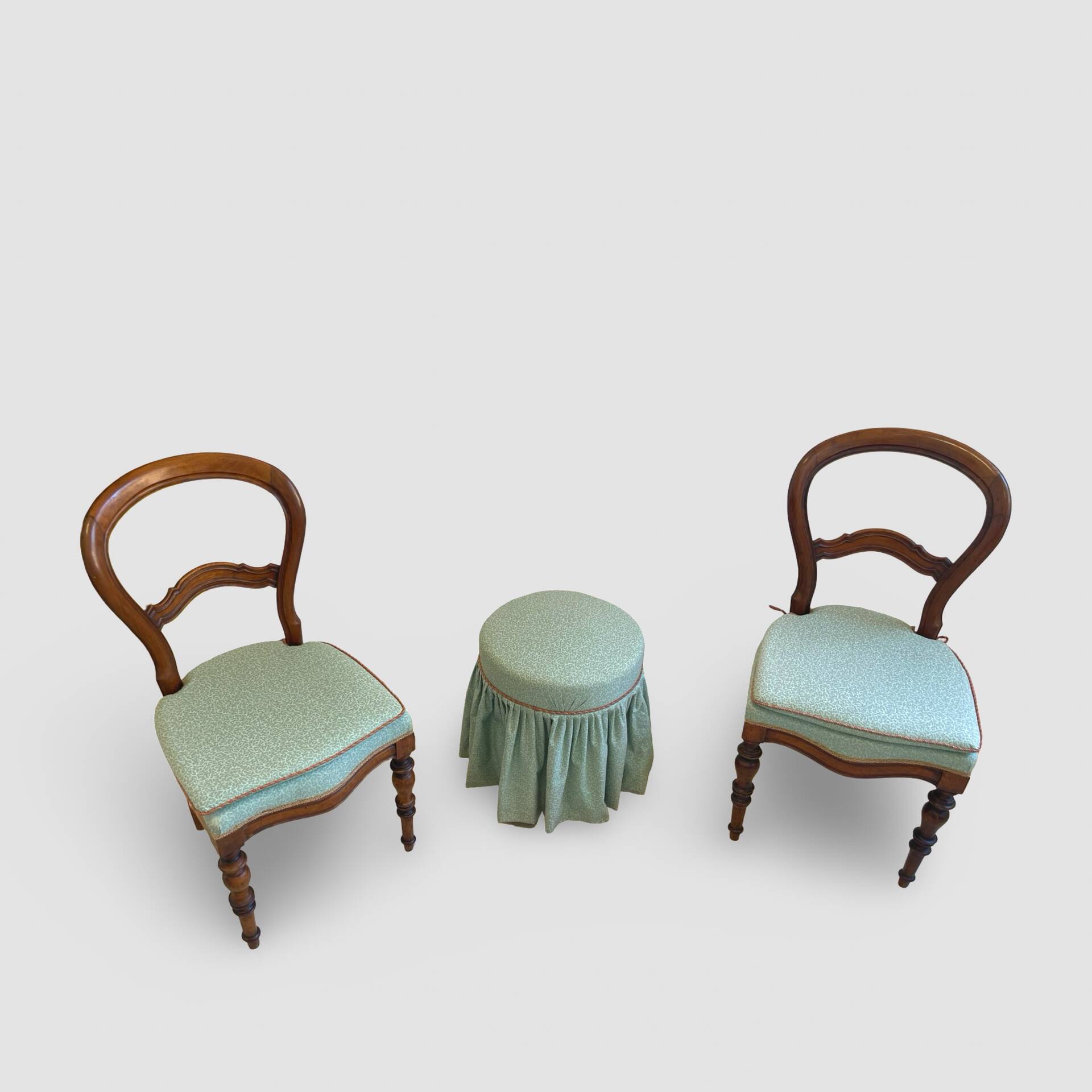 Antique Victorian era ballon back chairs and stool