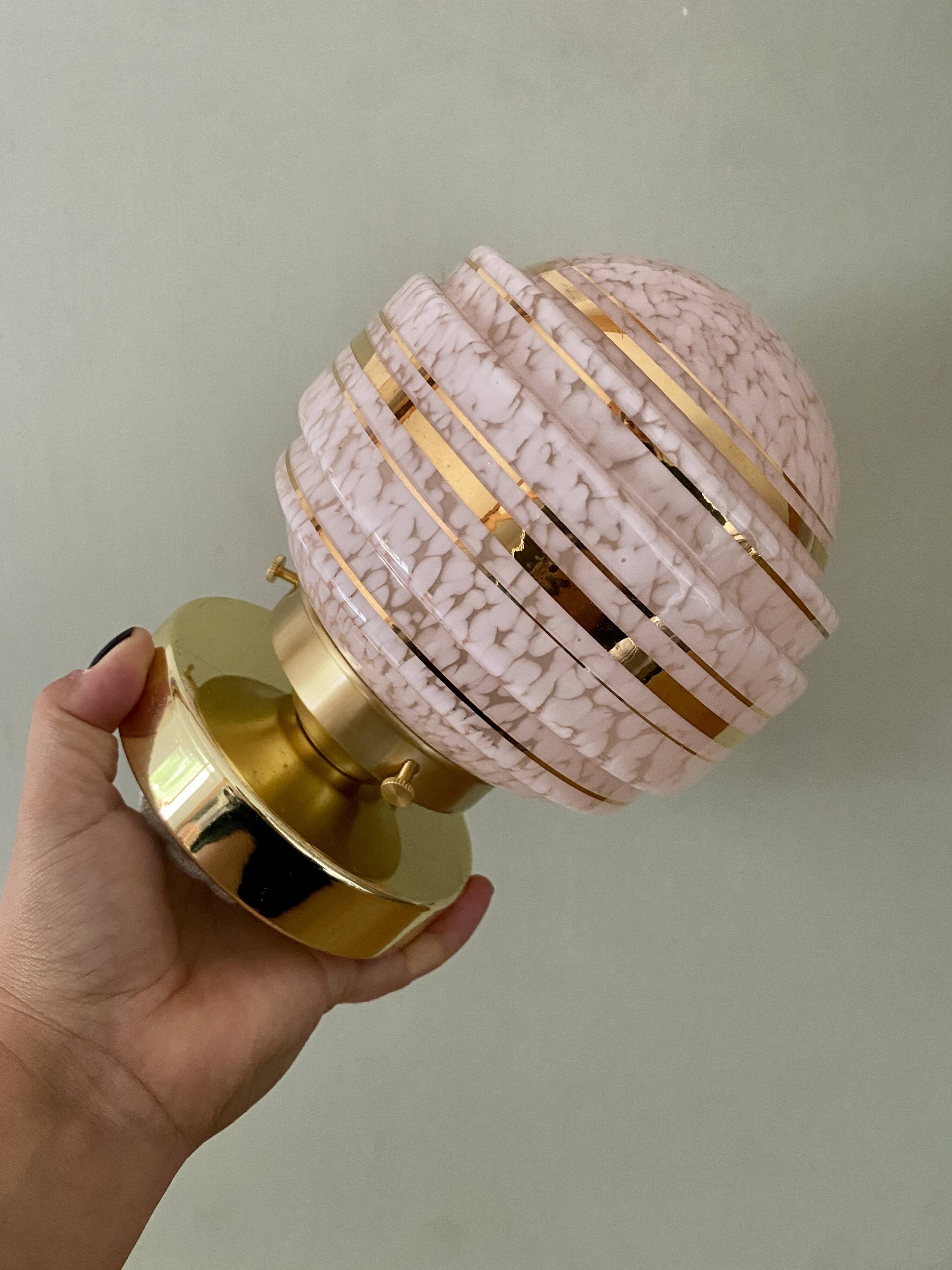 Vintage art deco globe wall or ceiling light in pink and gold Clichy glass