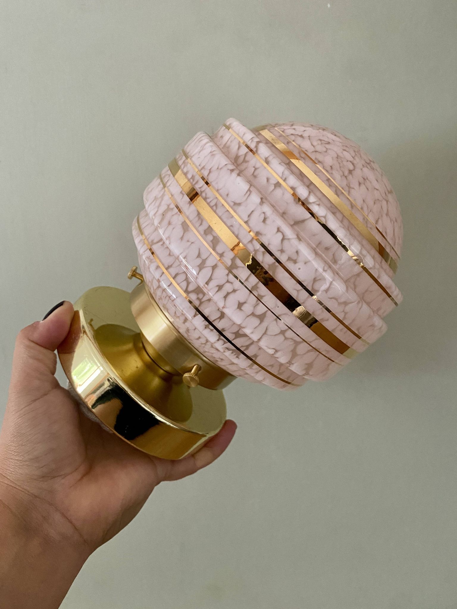 Vintage art deco globe wall or ceiling light in pink and gold Clichy glass